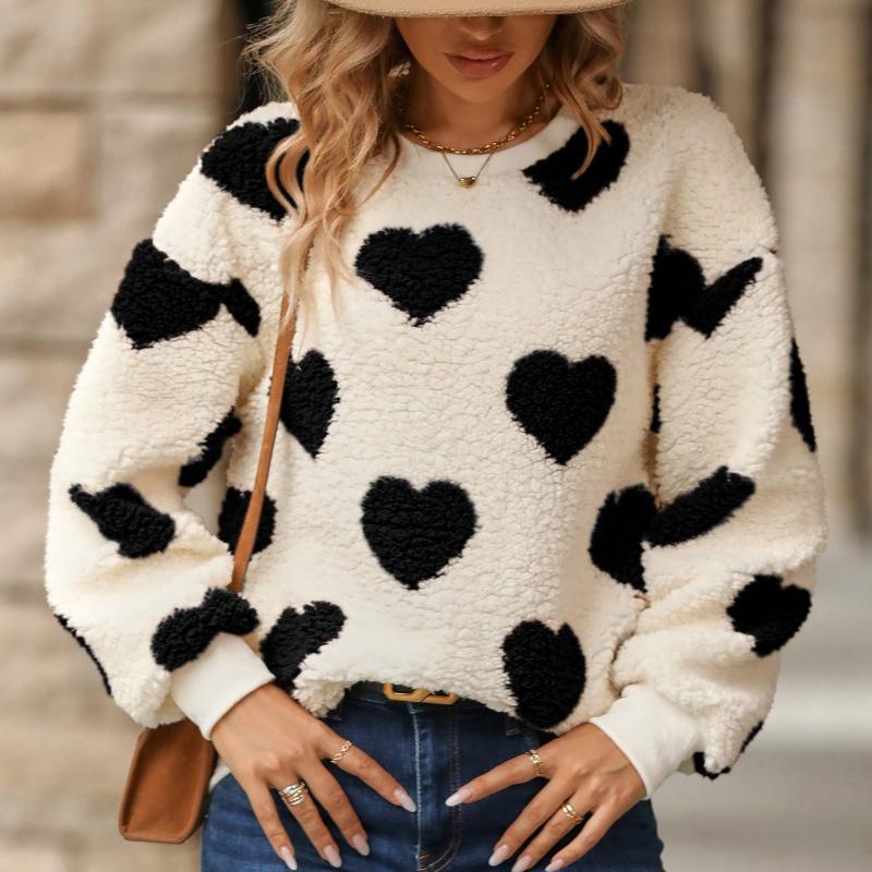 Women's Love Print Loose Long-sleeved Velvet Sweater Casual Round Neck Pullover Hoodie Sweaters Tops