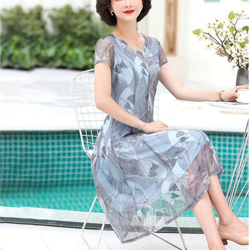 Женское летнее платье среднего возраста для матери, шифоновая вуаль, короткий рукав, круглый вырез, повседневная одежда средней длины с принтом