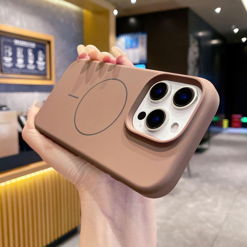 Магнитный чехол из жидкого силикона для телефона Apple 16 Pro Max с тонким кольцом - Однотонный, Простой защитный чехол
