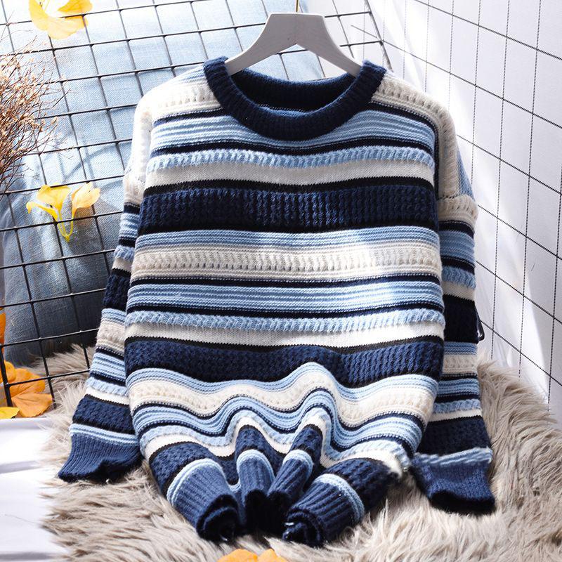 Полосатый пуловер, женский свитер 2023, повседневный осенне-зимний корейский свободный вязаный свитер с длинными рукавами и круглым вырезом, пуловер, женский топ