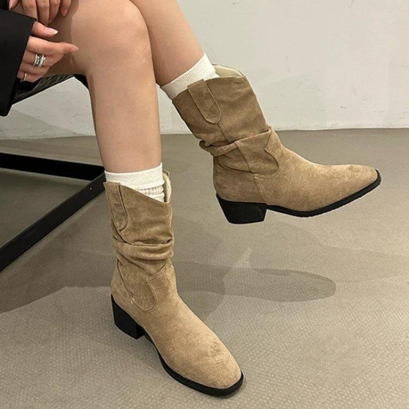 Boots Women 2024 New Fashion Pleated Women's Mid Calf Low Heel Ladies Pointed Toe Knight Boots High Quality Ankle Boots