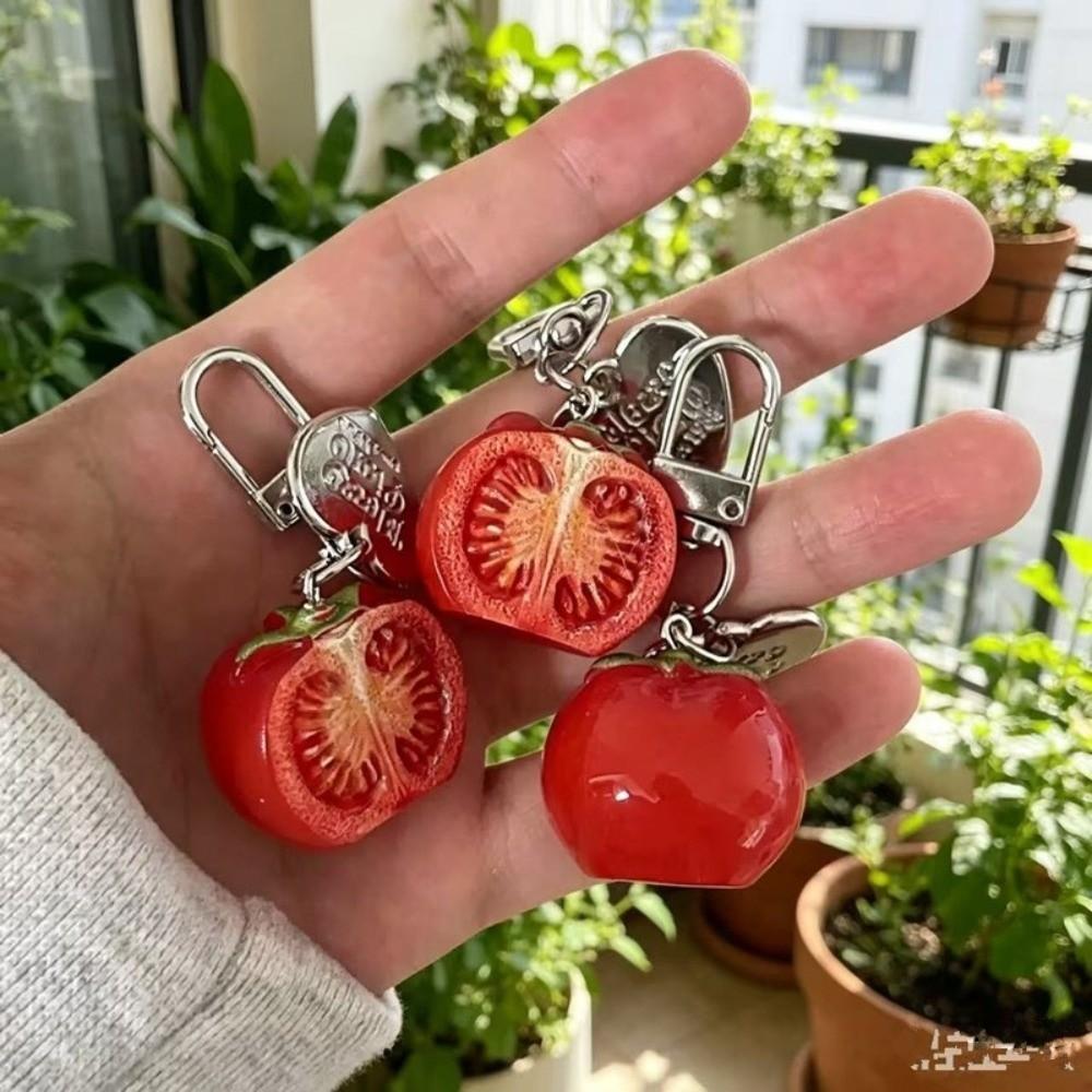 Realistic 3D Tomato Bag Charm Vibrant Colors Resin Key Ring Fruit Key Chain Aesthetic Styling