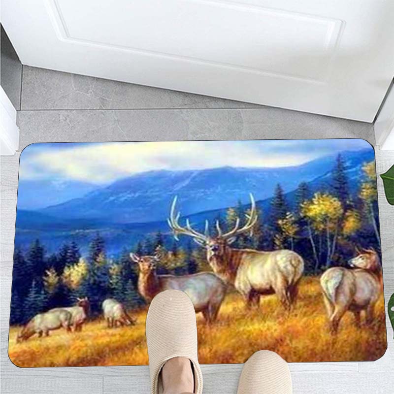 Deer Carpet Cartoon Elk Moose Pattern Carpets Kitchen Mat Bedroom Living Room Doormat Home Hallway Balcony Anti-Slip Floor Mat