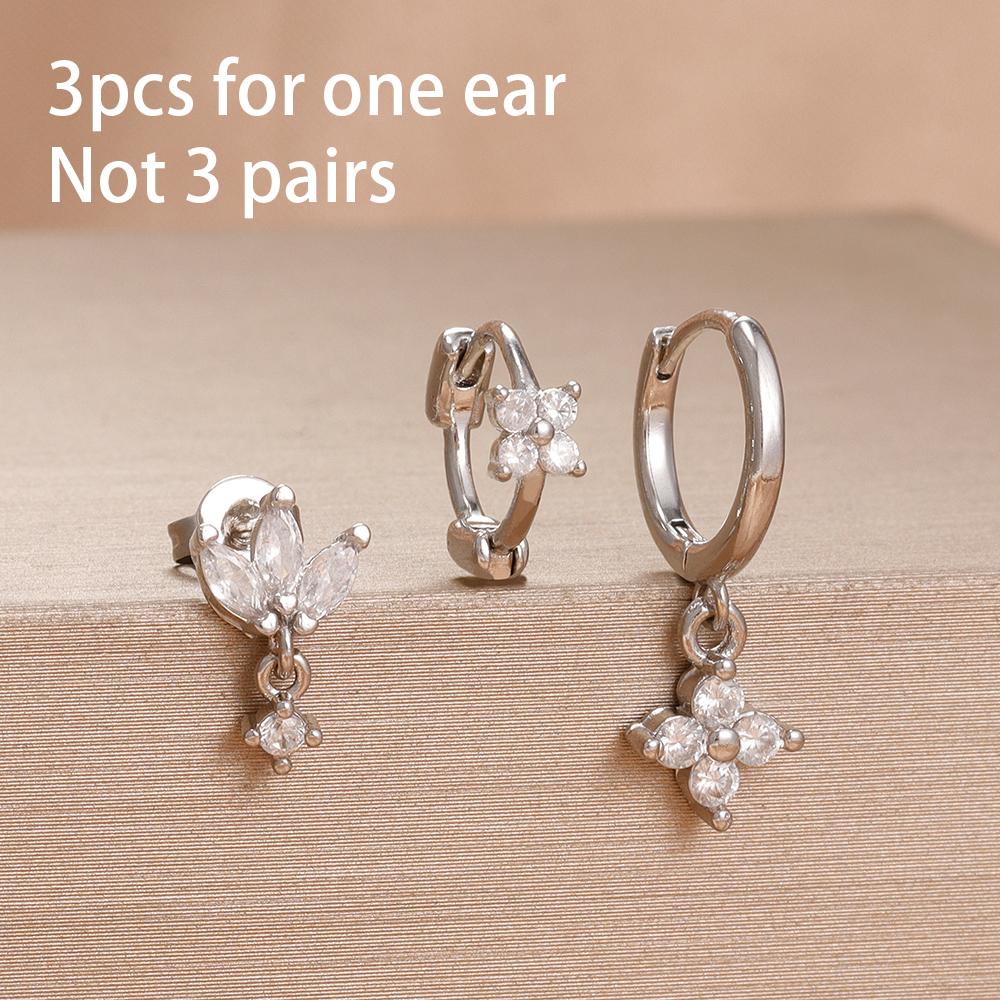 3 Pieces Stainless Steel Hoop Earrings Set For Women Crystal Zircon Huggie Flower Water Drop Trendy Earring Piercing Jewelry