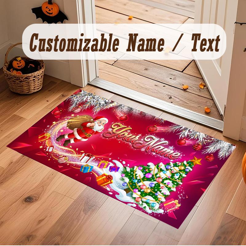 Christmas Theme Soft Crystal Velvet Rug Custom Name & Text Print Non Slip Floor Rug for Bedroom Living Room