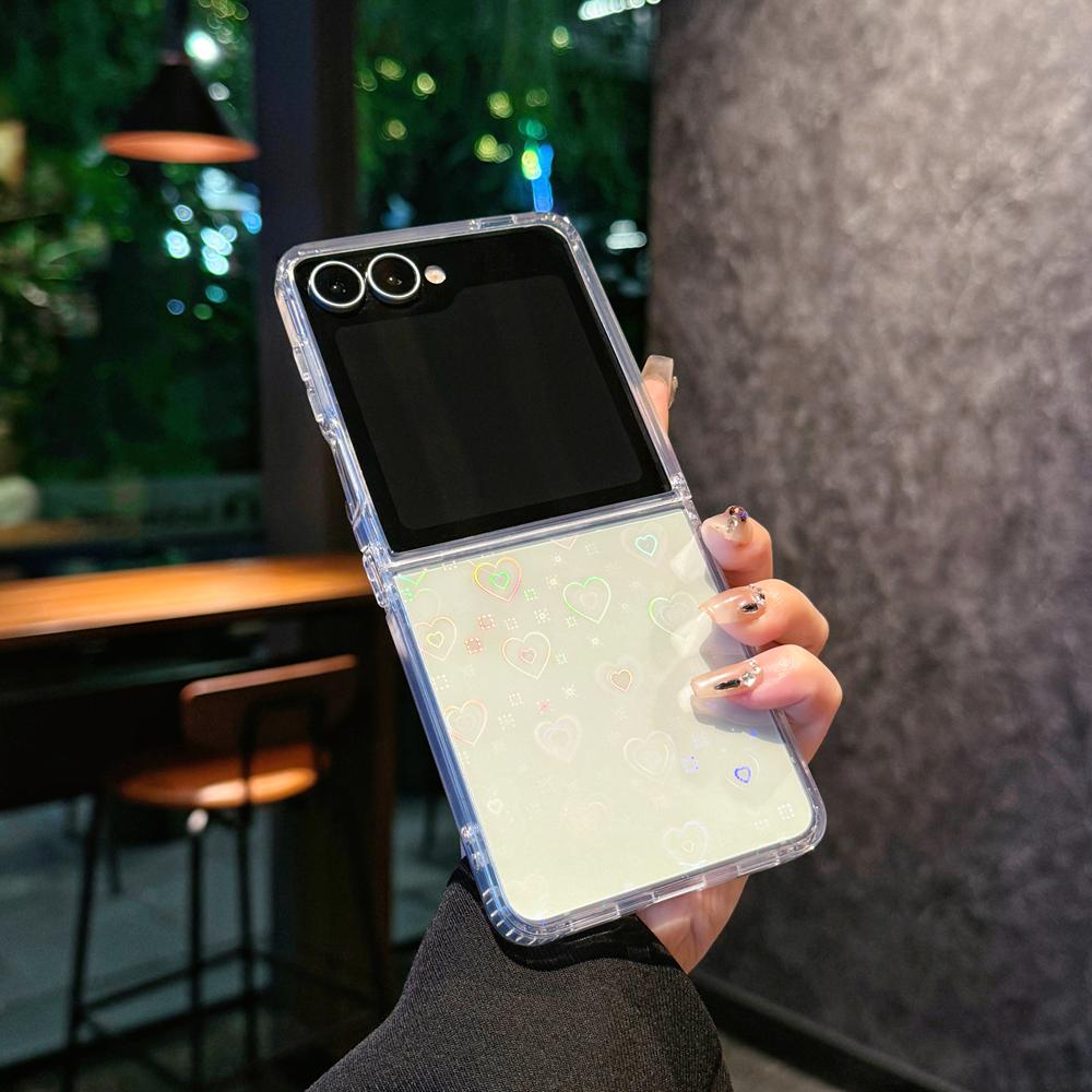 Прозрачный чехол с блестками «Аврора» в форме сердца для Samsung Galaxy Z Flip 7 6 5 4 3 flip7 zflip Лазерный Bling Градиентный Акриловый Чехол
