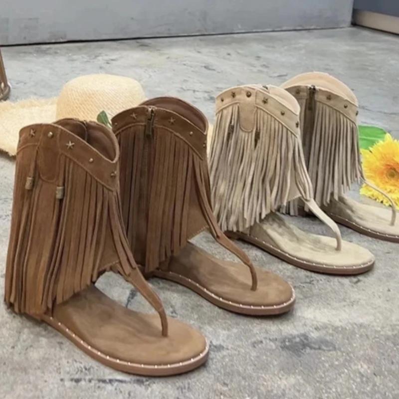 Сандалии с шипами Модная женская обувь Шлепанцы Низкий каблук Кисточки Летняя римская обувь Роскошные корректирующие сапоги с кисточками Новый стиль