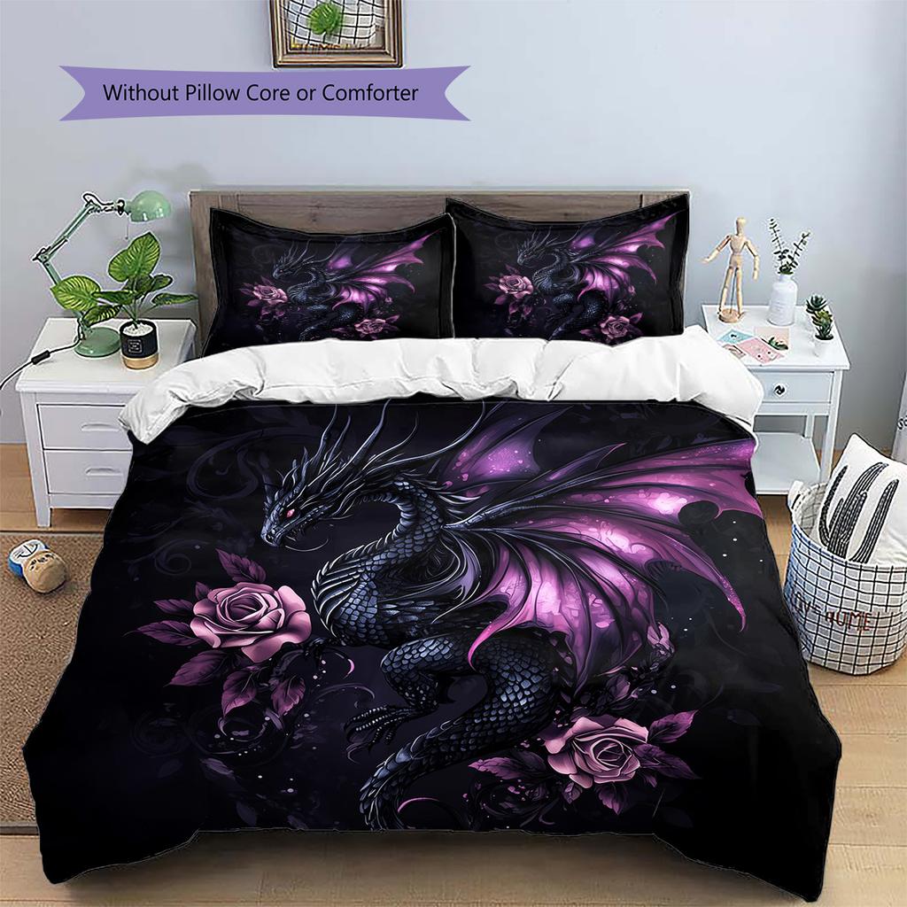 Purple dragon Pattern Bedding Quilt Set Quilt Cover Pillowcase Home Decoration Gift (1 * duvet cover + 2 * pillowcase, without core)