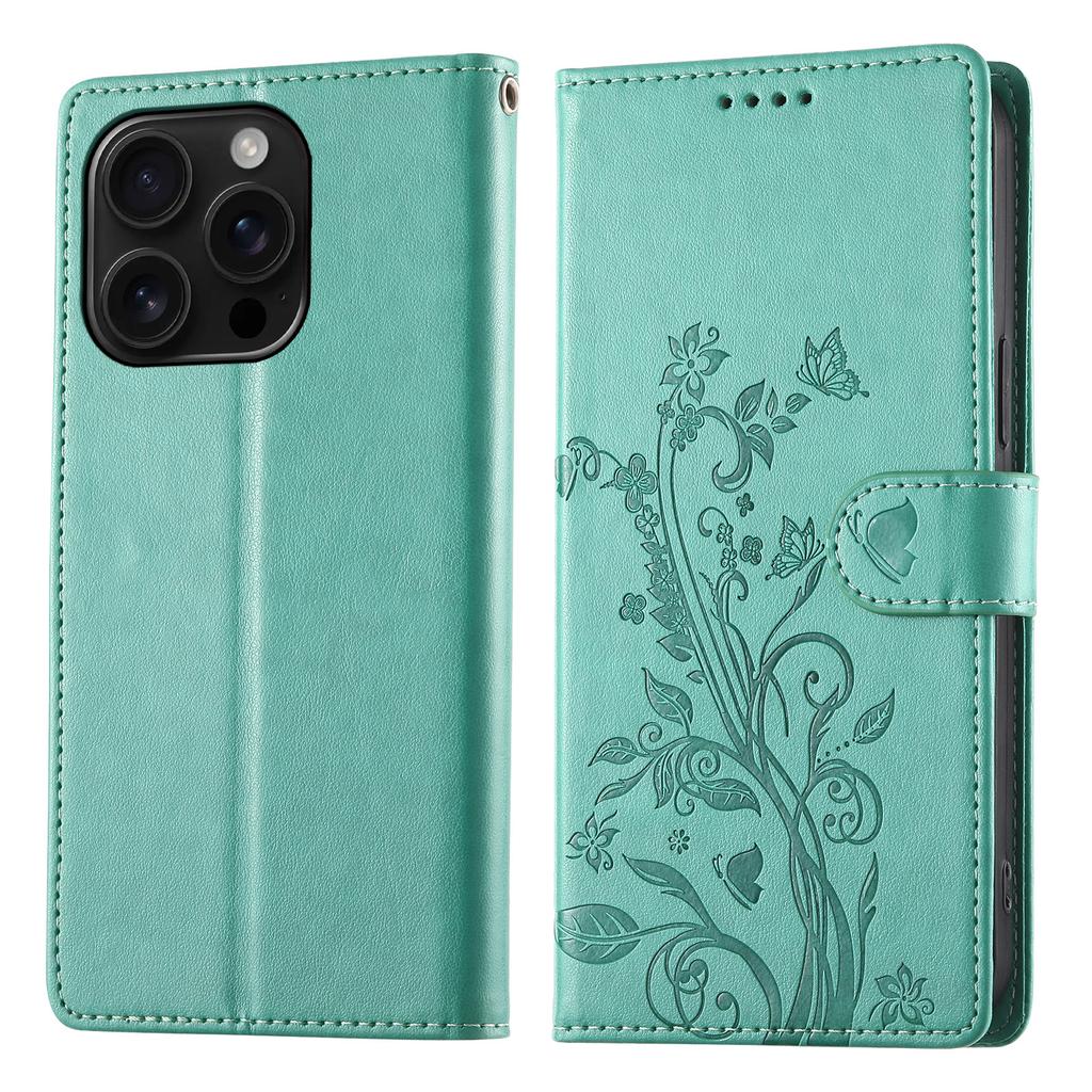 For iPhone 16 Pro Max Wallet Case Butterfly Floral Imprint PU Leather Phone Cover with Wrist Strap