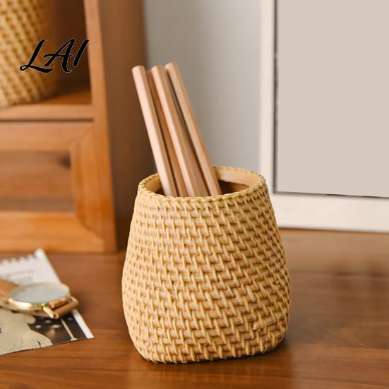 Resin Pen Holder Faux Rattan Holder Woven Style Makeup Brush Boho Desktop Organizer Multi-functional Pencil Cup for Home Office