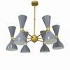 Mid-Century Modern Brass Chandelier: 6-Light Grey Cone Pendant