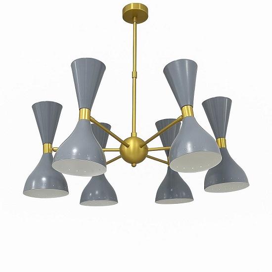 Mid-Century Modern Brass Chandelier: 6-Light Grey Cone Pendant