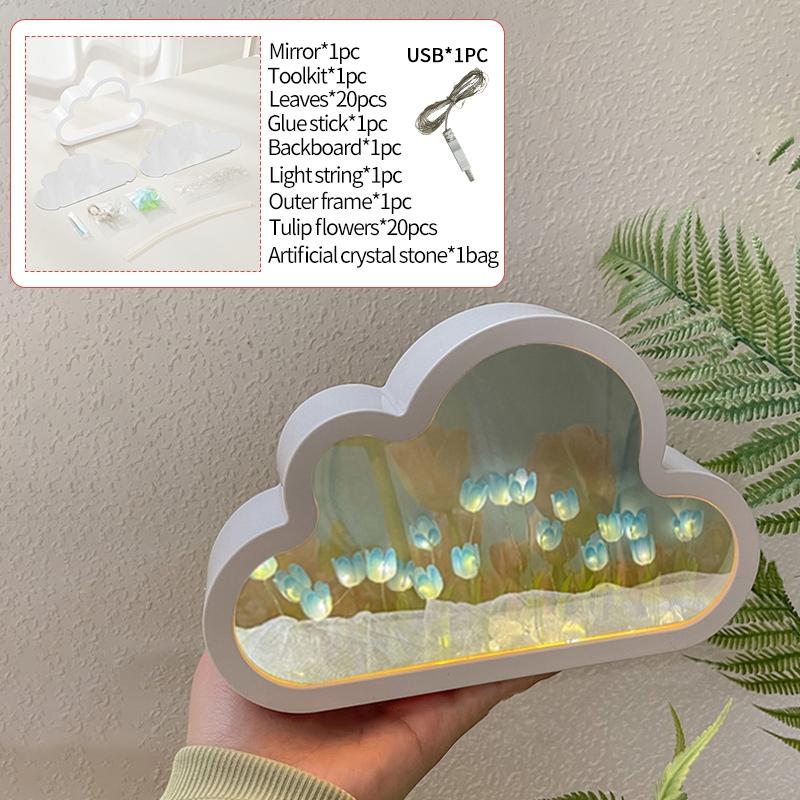 DIY Cloud Tulip LED Night Light Creative Sea of Flowers Night Lamp Mirror Table Lamps Atmosphere Light Gift Birthday Home Decor