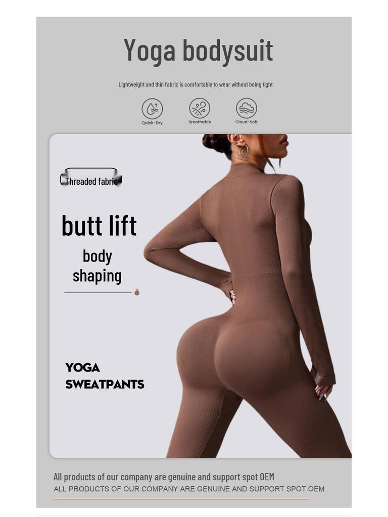 European-Style One-Piece Sport Jumpsuit for Women with Zipper, Stand Collar, Long Sleeves, Thumb Holes, Hip Lifting, and Tummy Control