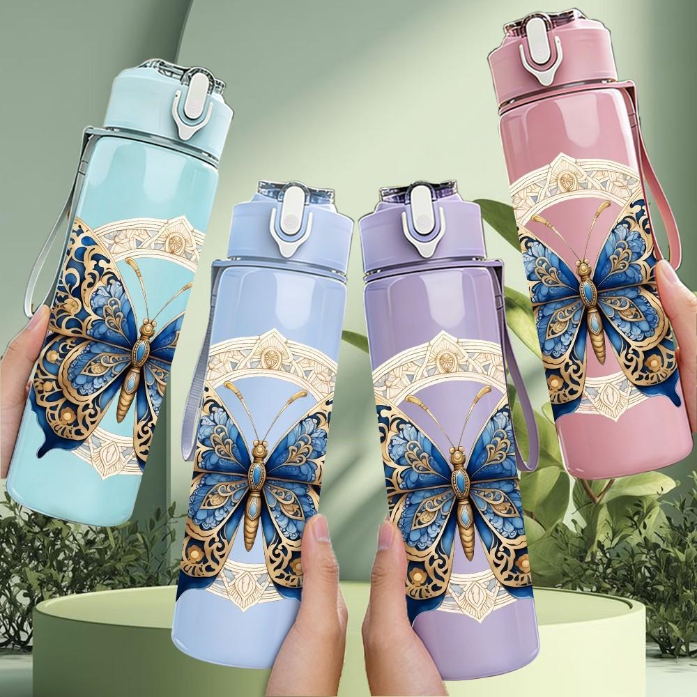 1PC Ornate Blue Butterfly Pattern 750ml Color Plastic Sports Water Bottle Leakproof Flip Straw Lid Suitable for Sports Office Home Use