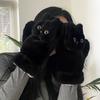 Cartoon Black Cat Fur Gloves Cute Cat Halter Gloves Soft Kitty Mitten  Riding