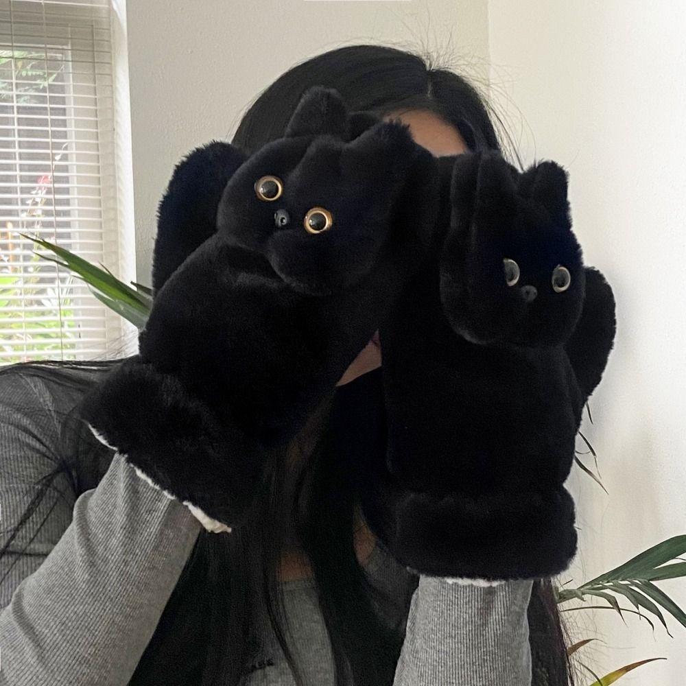 Cartoon Black Cat Fur Gloves Cute Cat Halter Gloves Soft Kitty Mitten  Riding