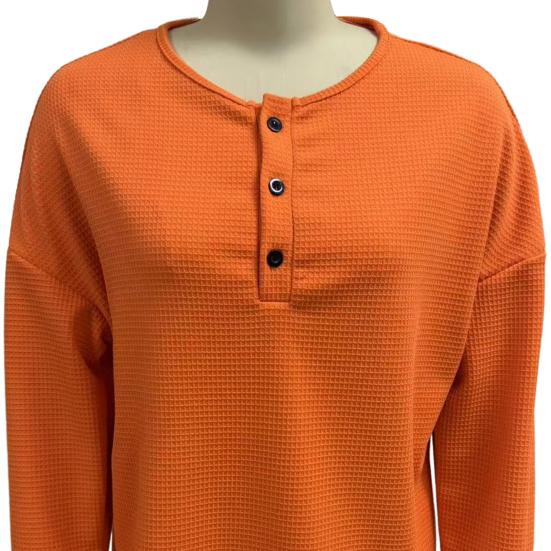 Женские топы с круглым вырезом, декорированные пуговицами, с длинным рукавом, пуловеры, однотонная текстурированная блузка вафельного переплетения для повседневной носки