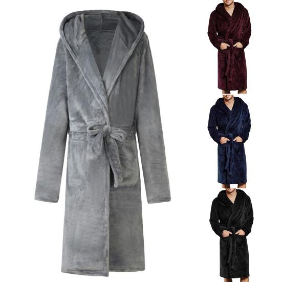 Long Sleeve Pockets Belt Solid Color Men Bathrobe Winter Warm Hooded Fleece Lengthened