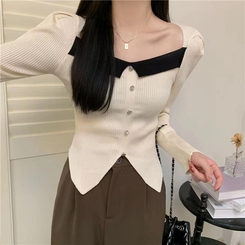 Square Neck Contrasting Color Irregular Hem Short Knit Sweater for Women Autumn and Winter Slim Fit and Slimming Long Sleeved Top for Women