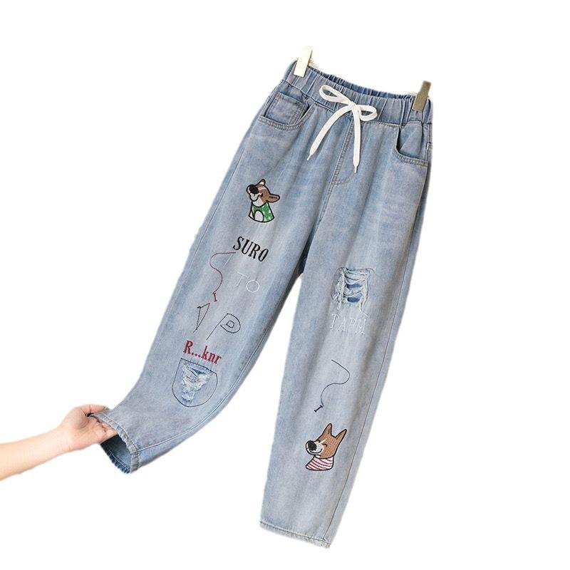 Вышитые джинсы женские свободные прямые трубы эластичная талия высокая посадка весенне-осенние укороченные брюки