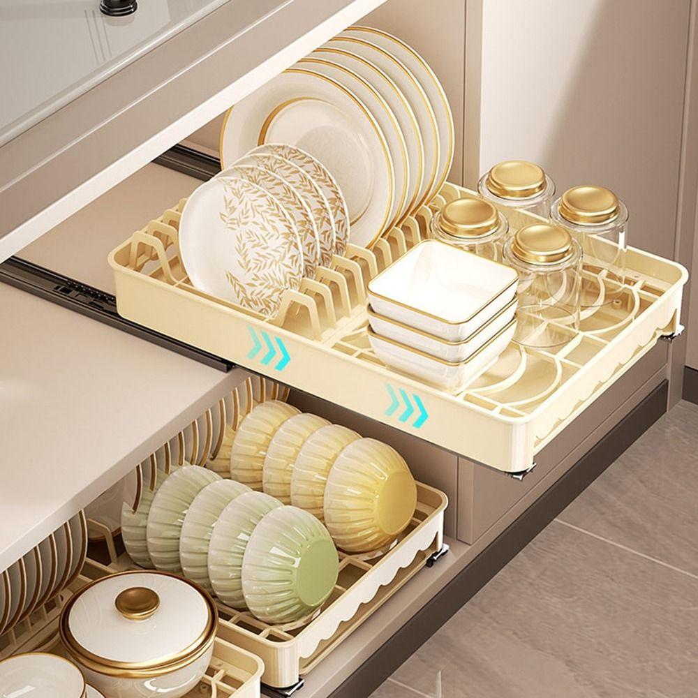 Built-In Slide Out Dish Drying Rack Plastic Drawer-type Plate Drain Rack Pull Out Dish Rack Pantry