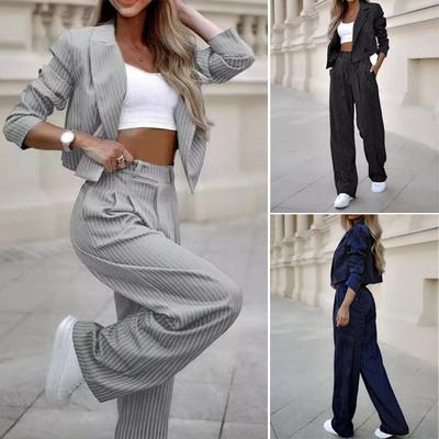 Женский комплект пальто и брюк OL для поездок на работу, формальный стиль, отложной воротник, куртка с длинным рукавом, брюки с высокой талией, в полоску, с широкими штанинами, комплект, женский деловой наряд