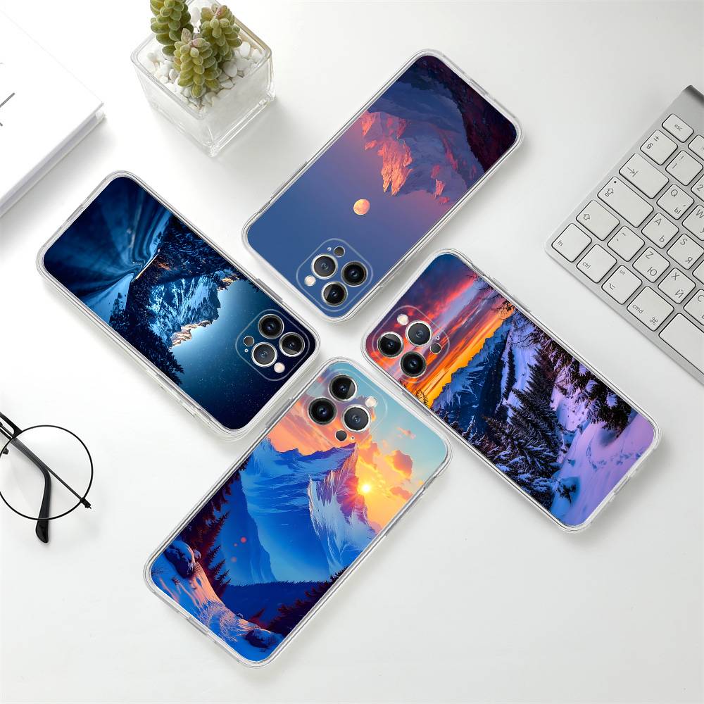 Красивый чехол для телефона 'Закат в заснеженных горах' для IPhone 17 16 15 14 13 11 12 Pro Max 16 Plus Прозрачный