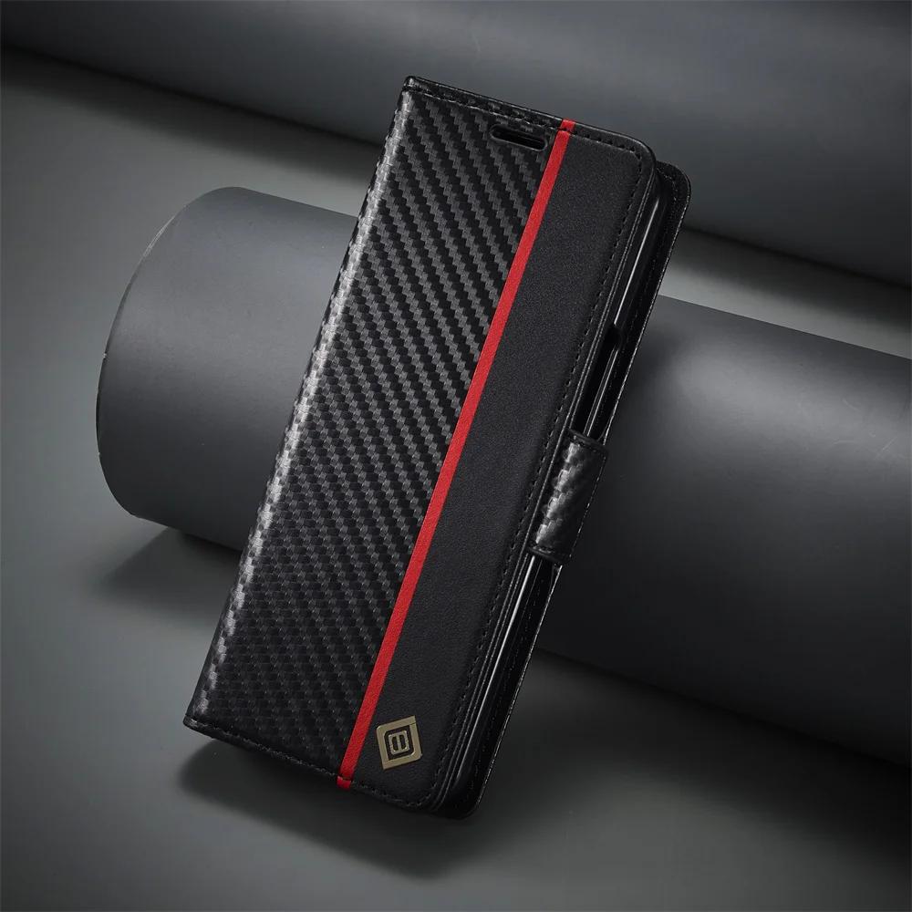 Carbon Fiber PU Leather Flip Wallet with Card Holder Phone Case For Samsung Galaxy Z Fold 7 6 5 4 3 Fold7 Fold6 Fold5 Fold4 5G