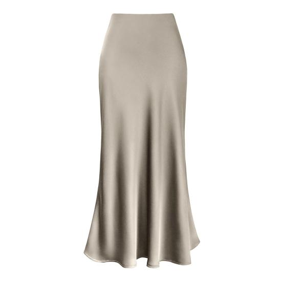 Women Elegant Faux Silk Satin Skirt High Waist Fishtail Skirt A-Line Solid Color Glossy Office