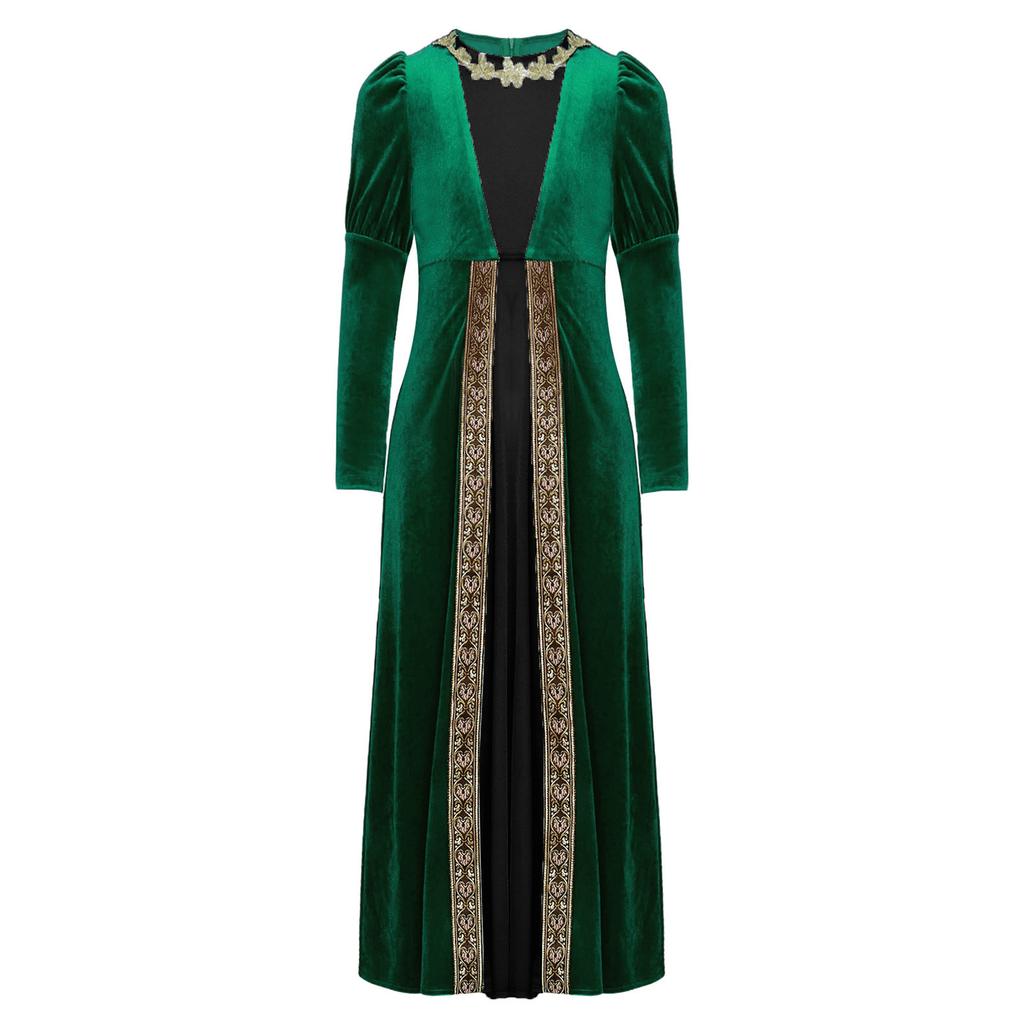 Girls Renaissance Princess Dress Velvet Long Sleeve Gold Flower Patchwork Medieval Retro Party Costume