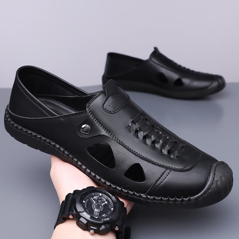 Fashion Breathable Handmade Hollow Out Leather Men Loafers Shoes Slip On Leather Outdoor Men Flats Sandals Daily Commute Casual Sandals