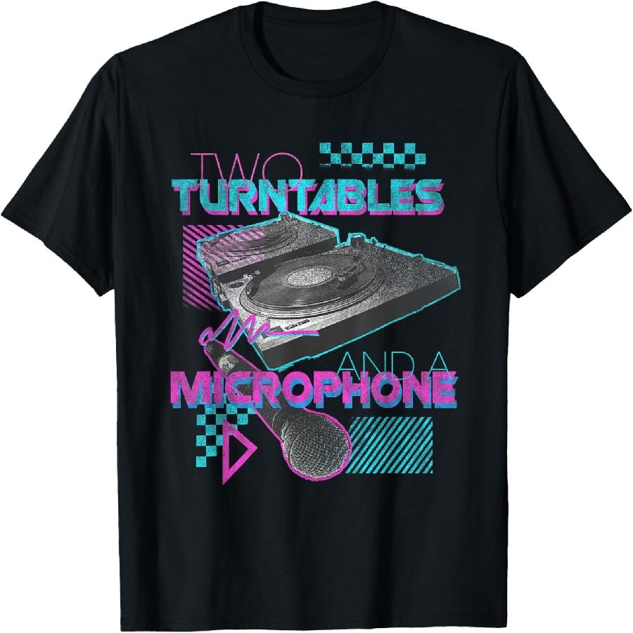Unisex T-shirt Old School DJ Two Turntables and Microphone Retro 80's Vinyl T-Shirt