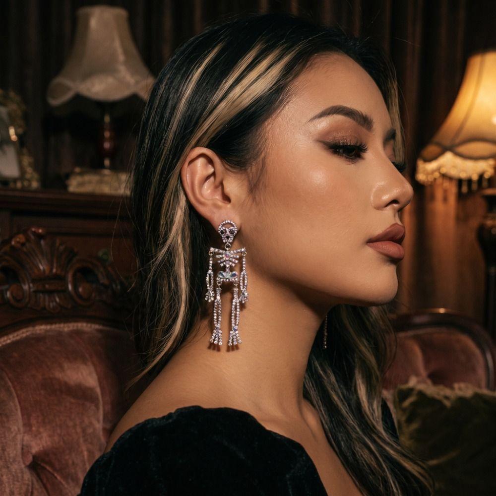 Zircon Pumpkin Ear Studs Rhinestone Long Tassel Drop Earrings Skeleton Dangle Earrings Party