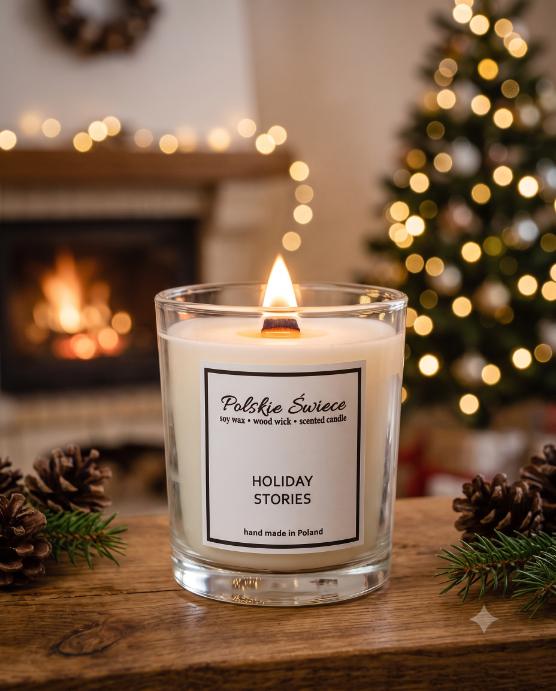 soy candle with a wooden wick + HOLIDAY STORIE