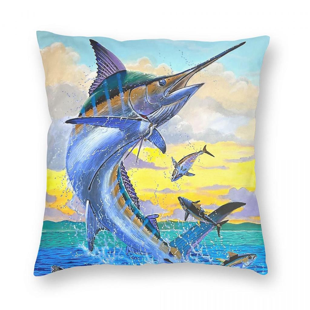 Blue Marlin Busting Tunas Pillowcase Polyester Linen Velvet Creative Zip Decor Throw Pillow Case Home Cushion Cover