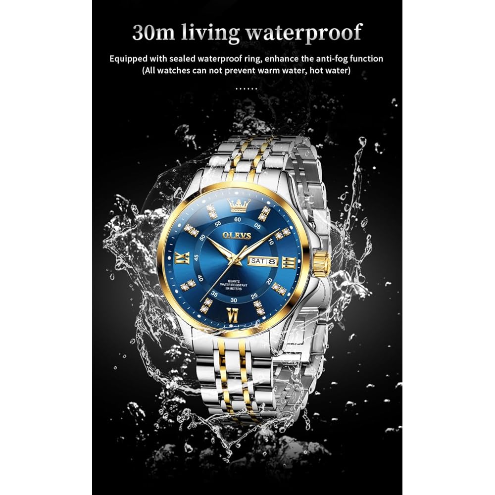 OLEVS Men's Diamond Watch Business Dress Watch Waterproof Luminous Golden Big Dial Quartz Analog with Date Calendar and Stainless Steel Band