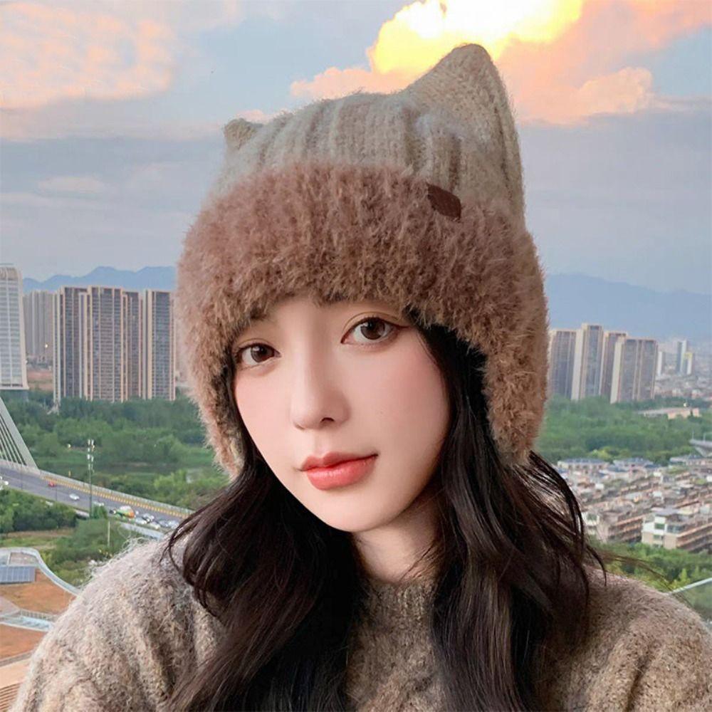 Ribbed Knit Knit Earflap Beanie Plush Lining Cat Ear Beanie New Plush Lined Hat For Children