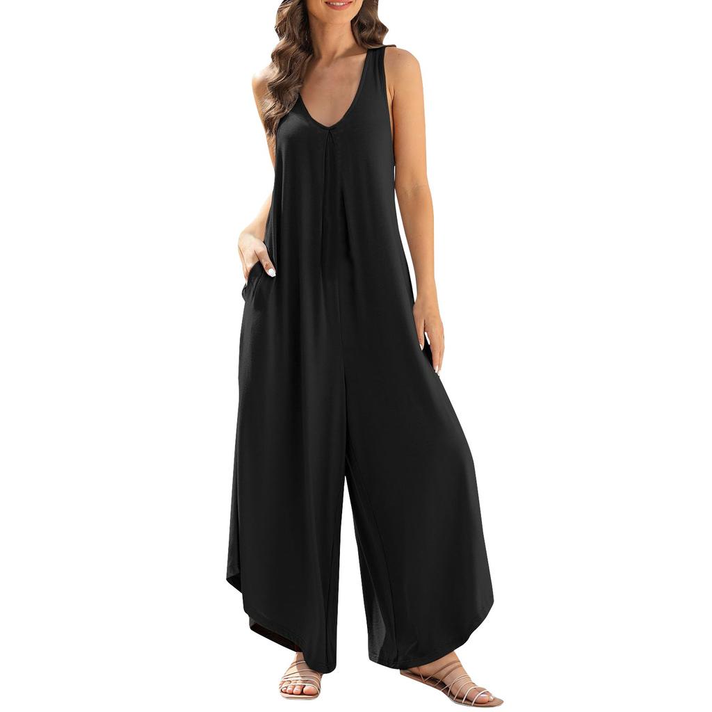 Womens Overall Jumpsuits Summer Sleeveless Ruched V Neck Flared Wide Leg Pants Rompers With Pockets