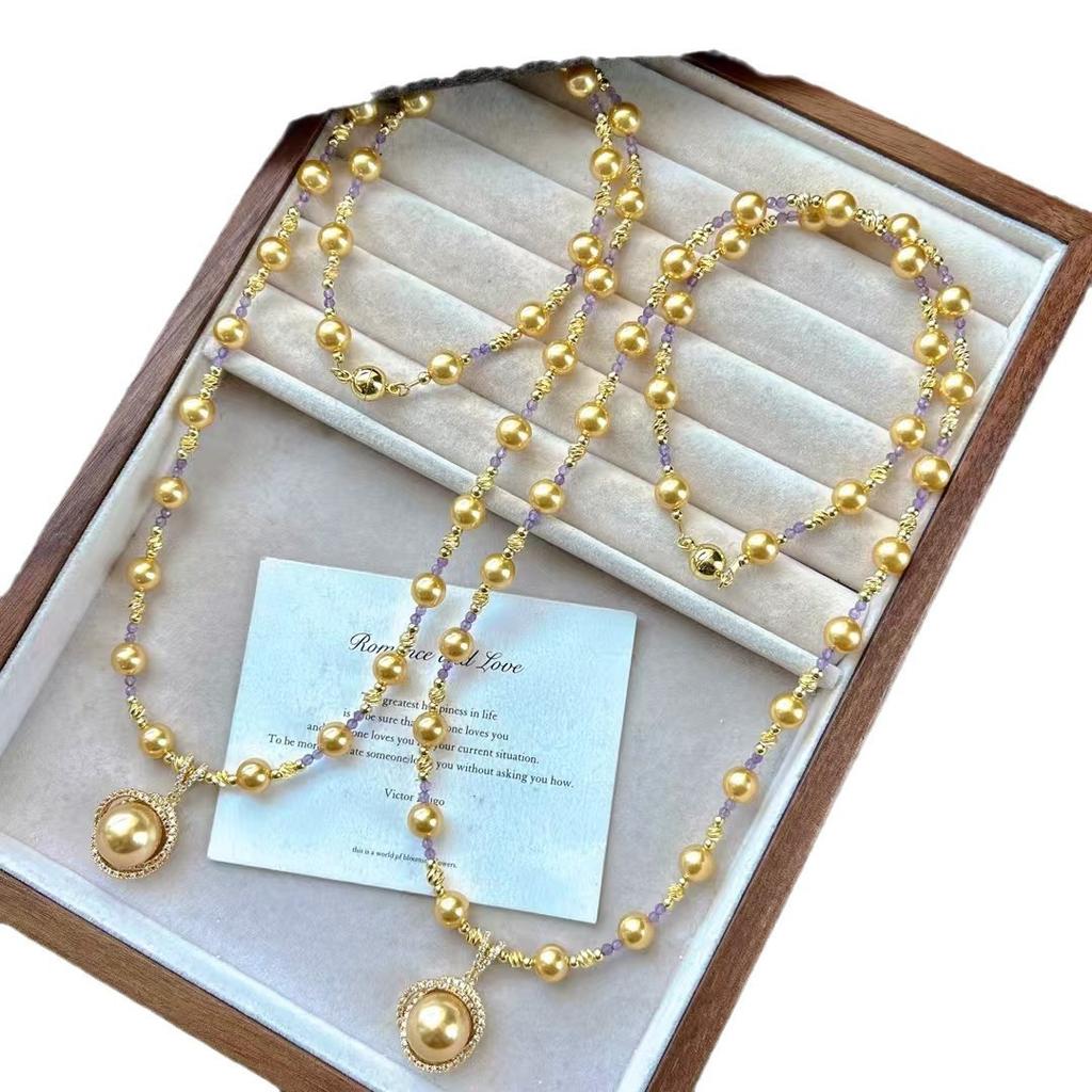 Vintage Maillard Warm Gold Artificial Crystal Pearl Sweater Chain Necklace Collarbone Chain