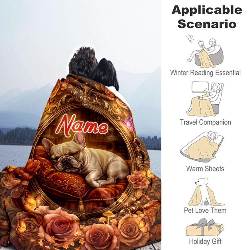 1PC Custom Name "Floral Frame Dog" flannel blanket versatile,all-season throw suitable for the living room,bedroom,camping,travel,and gift