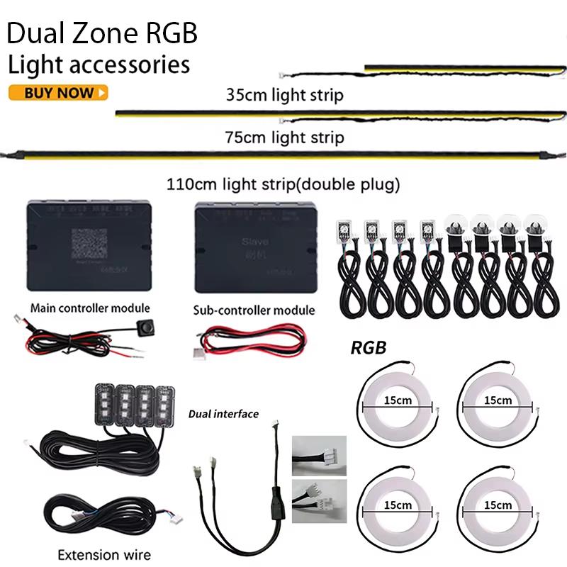 Dual Zone 18 in 1 RGB 64 Colors Acrylic Strip Car LED Ambient Light 35/75CM 110CM Parts Replacement Accessories (4 wires 4 pins) Neon Lights 4