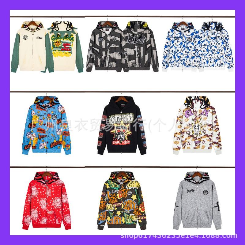 GLO GANG Streetwear Hooded Zip-Up Sweatshirt Unisex Oversized Cartoon Print Casual Pullover Teens Adults