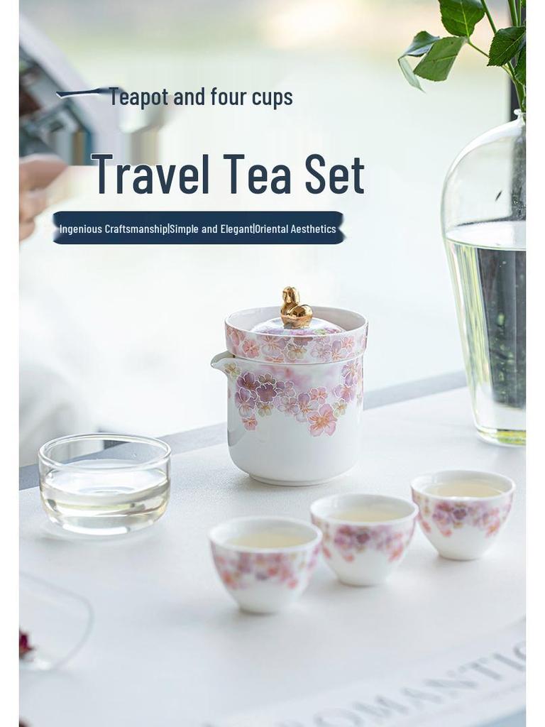 White Porcelain Floral Travel Tea Set: Includes One Pot, Three Cups, and Portable Bag.