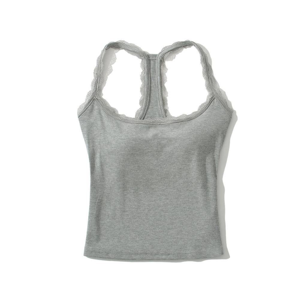 Women's Summer 2024 Backless Slim-Fit Halter Top with Bra Pads & Lace Trim