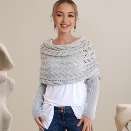 Knitted Cable Wrap with Sleeves Solid Color Hollow Twist Crochet Pattern Women Shawl Scarf