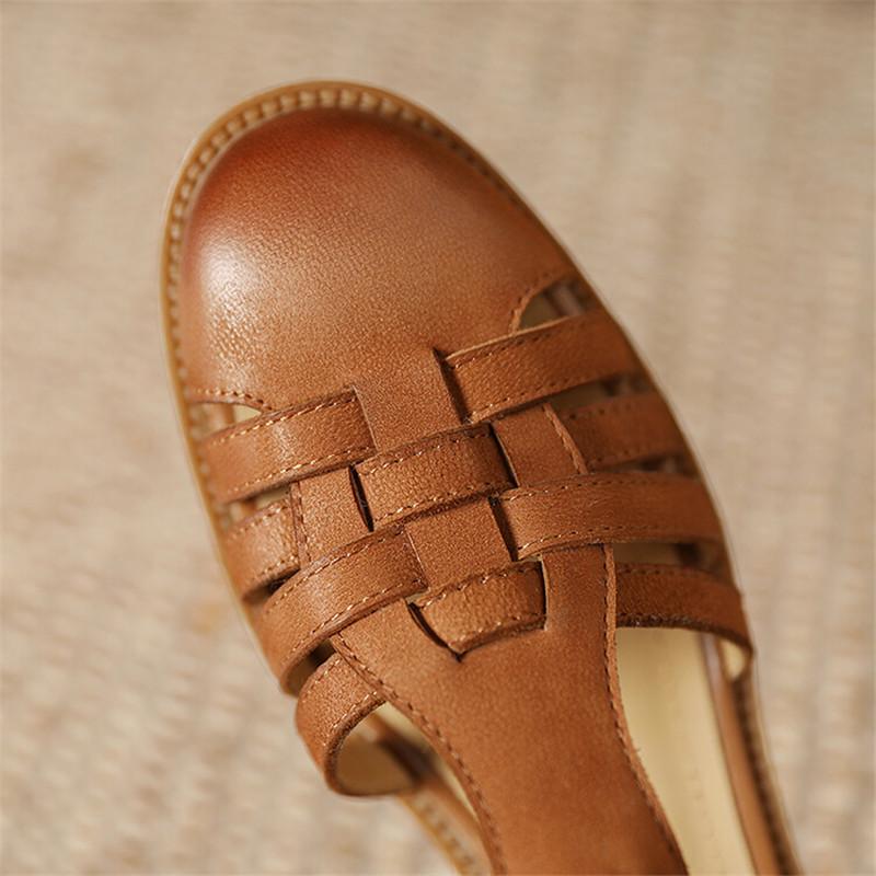 Модные новые летние сандалии Сандалии из натуральной кожи Повседневные Французские Ретро Круглый носок Ажурные ГЛАДИАТОР Овчина Сандалии Толстый каблук Обувь