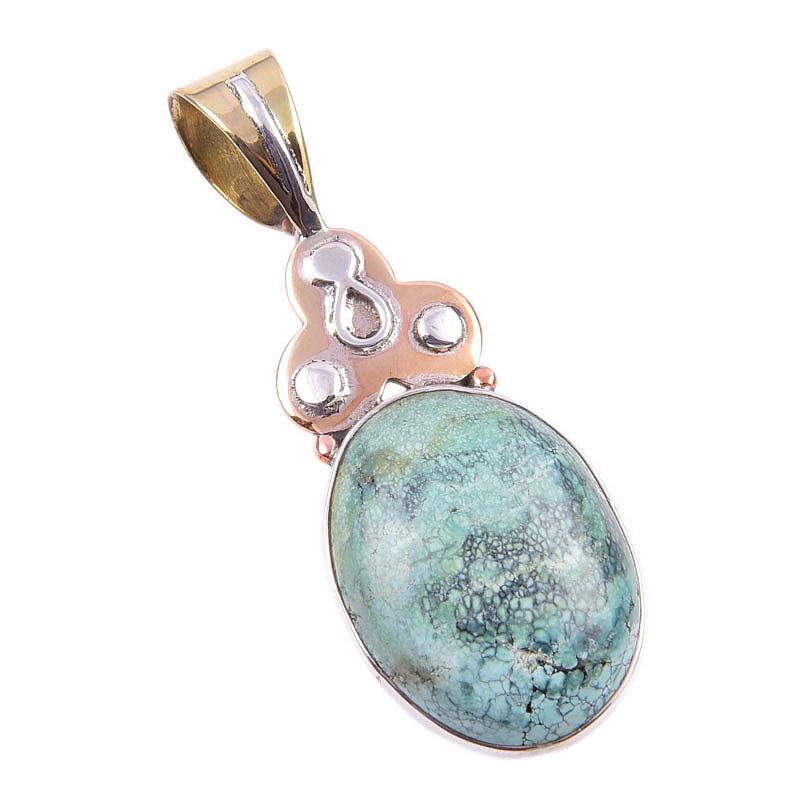 Подвеска из натурального тибетского бирюзового камня 925 пробы, двухцветное серебро, 1,75 дюйма, d3a83