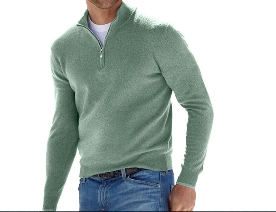 Men's Autumn Long Sleeve V-Neck Wool Polo Shirt with Plush Zipper
