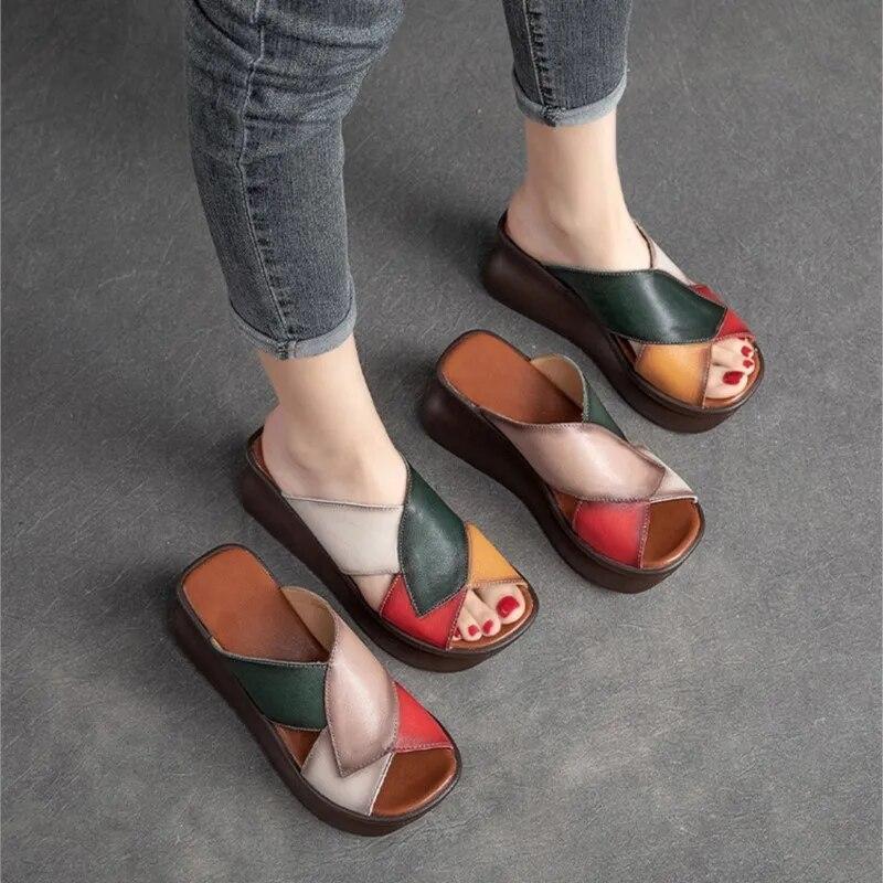 Johnature Женские тапочки на танкетке с открытым носком в стиле ретро, ​​шлепанцы из натуральной кожи на толстой подошве, модная обувь на платформе